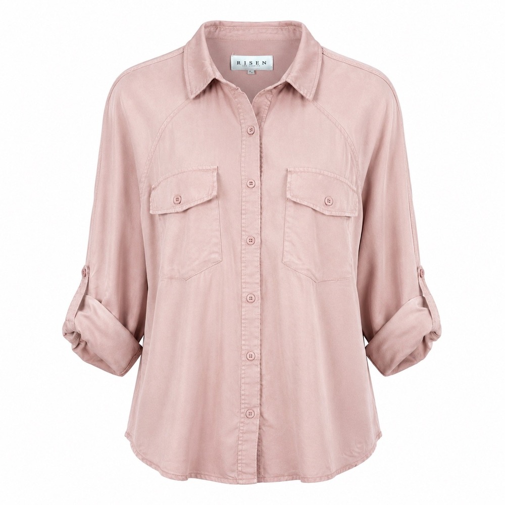 Risen Womens M Tencel Button Up Soft Pink Pocket Shirt Boho Casual Shacket Soft - Picture 1 of 16